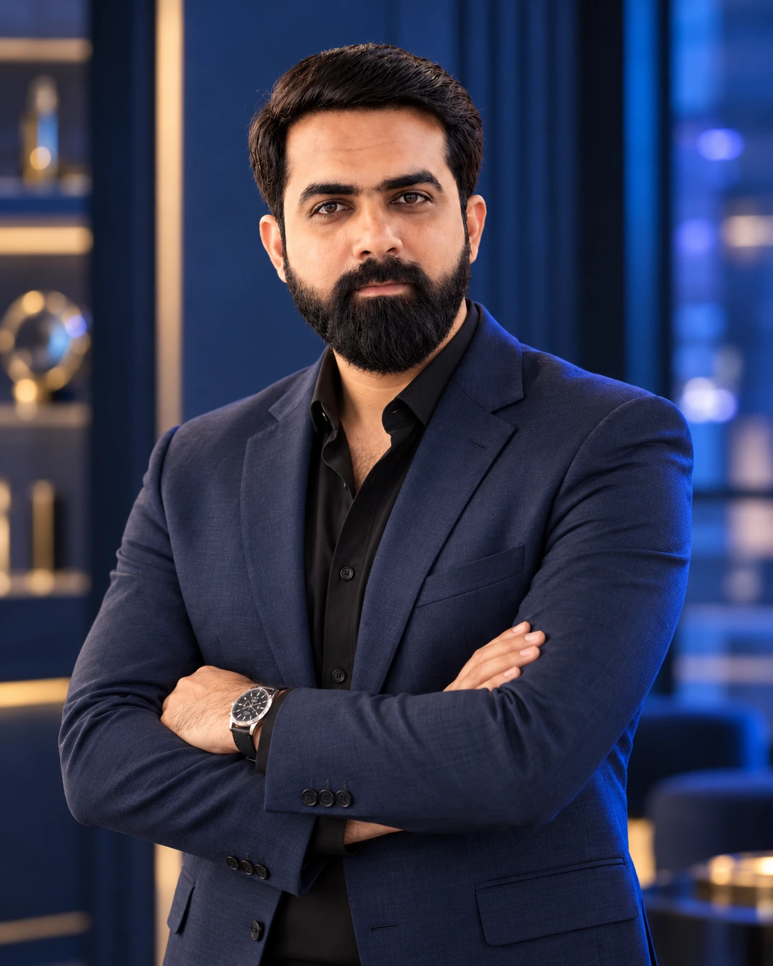 New editorial portrait of Waqas Rashid in a navy blazer